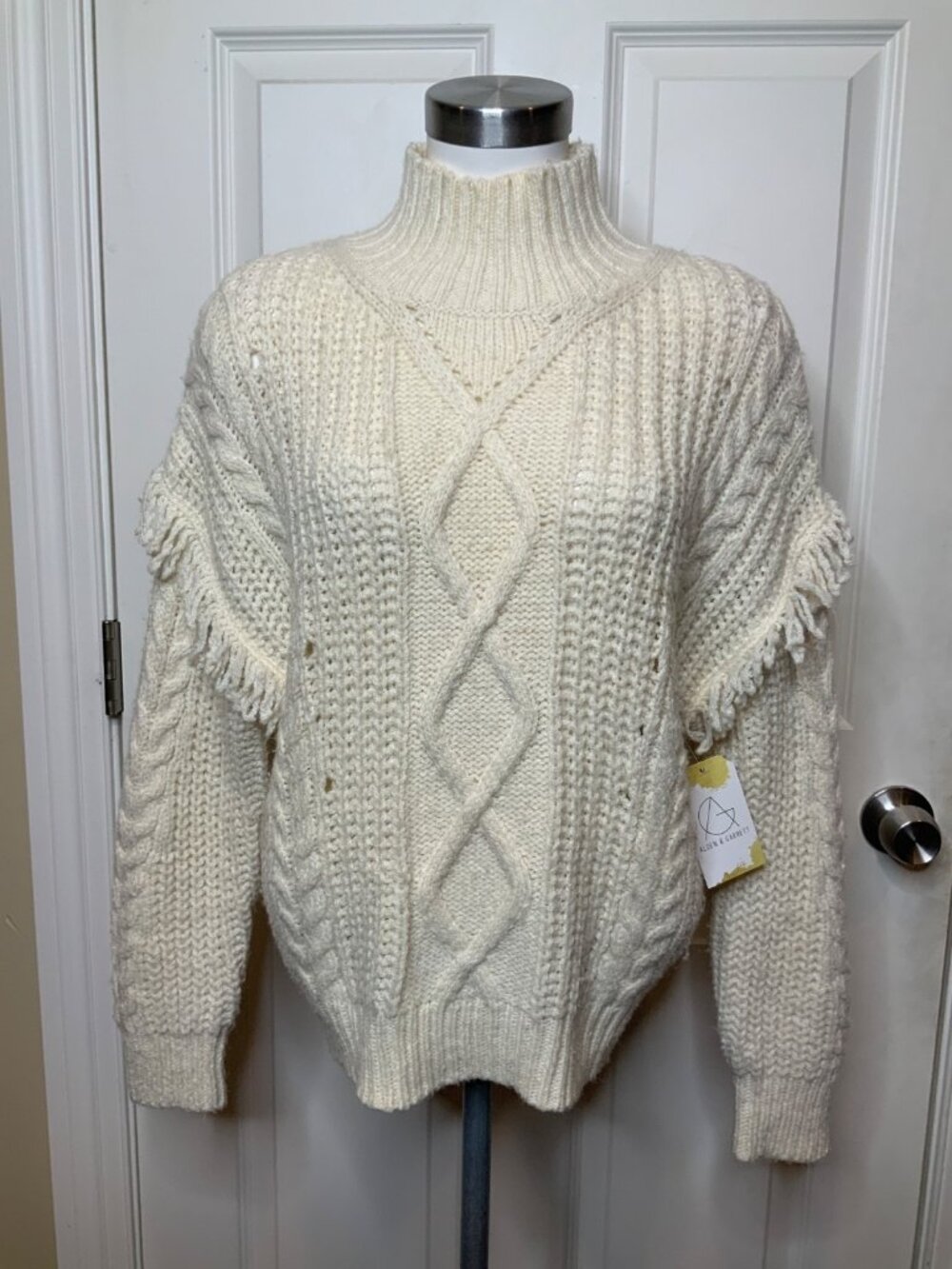Mango White Cable-Knit Mock Neck Sweater W/ Fringe, Size S